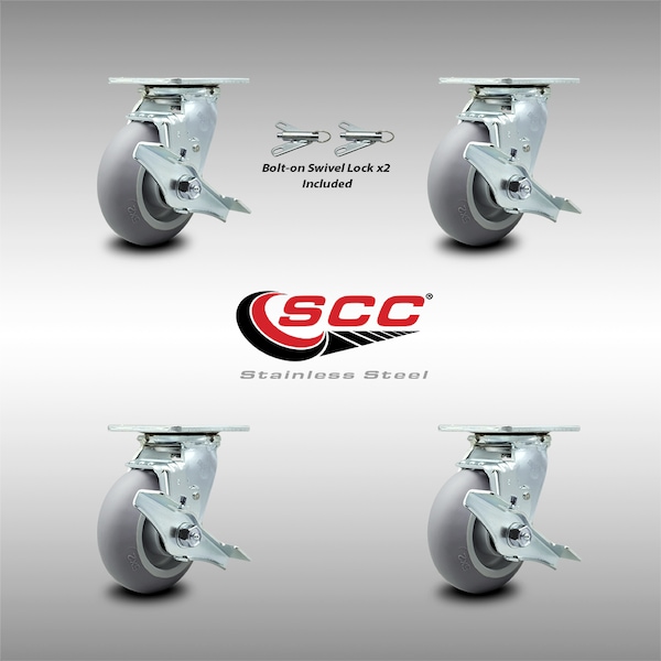 Service Caster 5 Inch SS Thermoplastic Caster Set with Roller Bearing 4 Brake 2 Swivel Lock SCC SCC-SS30S520-TPRRD-TLB-BSL-2-TLB-2 - main